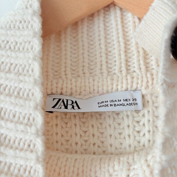 Zara Striped Knit Sweater Button Sleeve White Ecru Black Size Medium - Picture 7 of 8